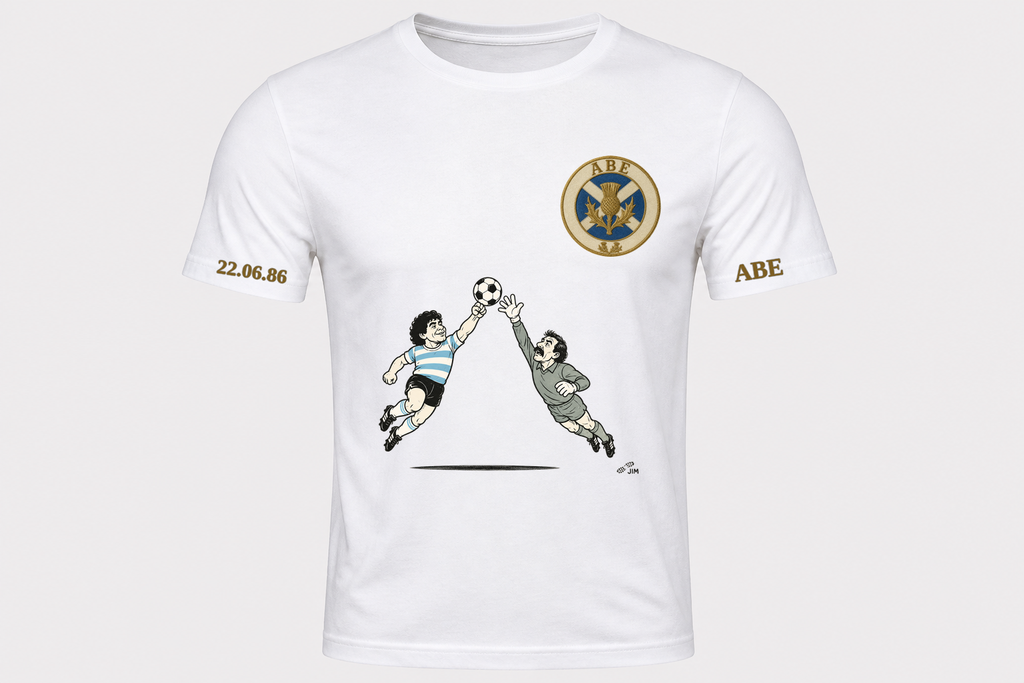 Hand of God tee front with sleeve marks