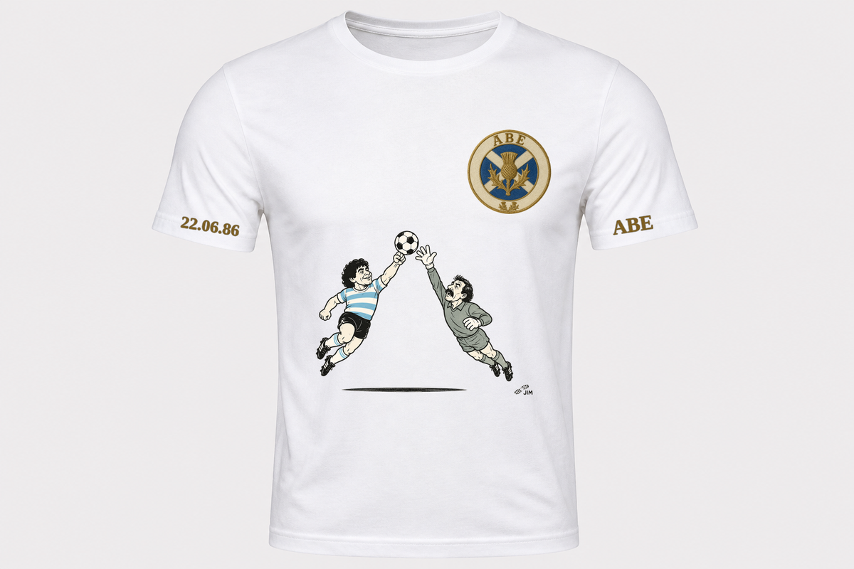 Hand of God tee front with sleeve marks